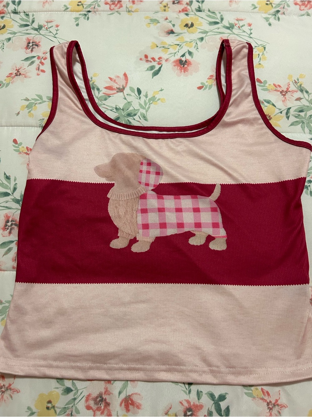 SHEIN Pink Tank Top with Red Trim & Dachshund Plaid Graphic